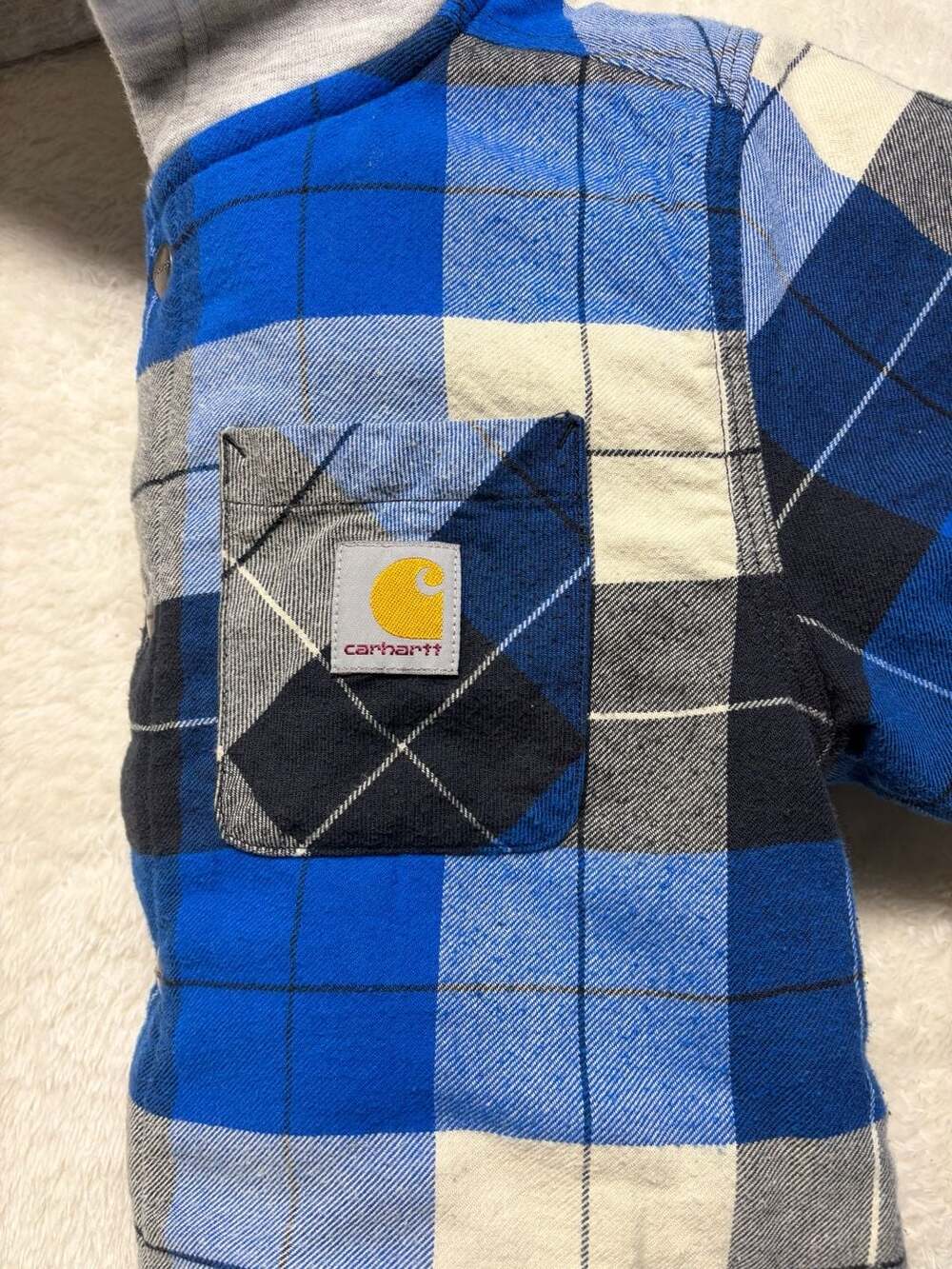 Carhartt Kids Flannel Snap-Front Hooded Shirt Jacket Azure Blue Plaid SMALL 7-8 - Picture 12 of 15